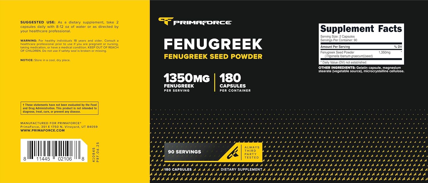 Primaforce Fenugreek Seed Capsules (180 Cápsulas / 1350 mg por dosis, dosis de 2 cápsulas) - Complemento Herbal Premium para Hombres y Mujeres, No Transgénico, Sin Gluten