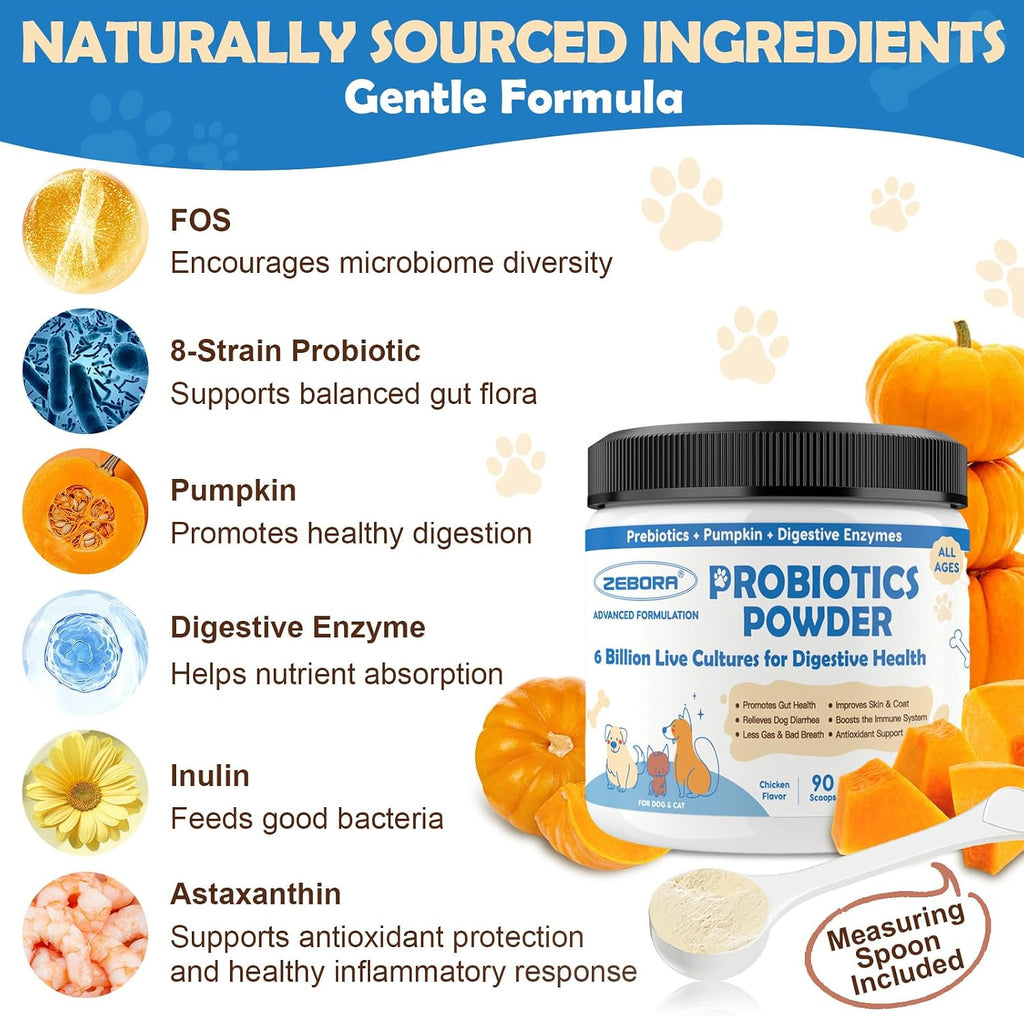 ZEBORA Probióticos para Perros, Polvo con Calabaza, Prebióticos y Enzimas Digestivas, 6 Mil Millones de UFC, Sabor a Pollo, 90 Dosis