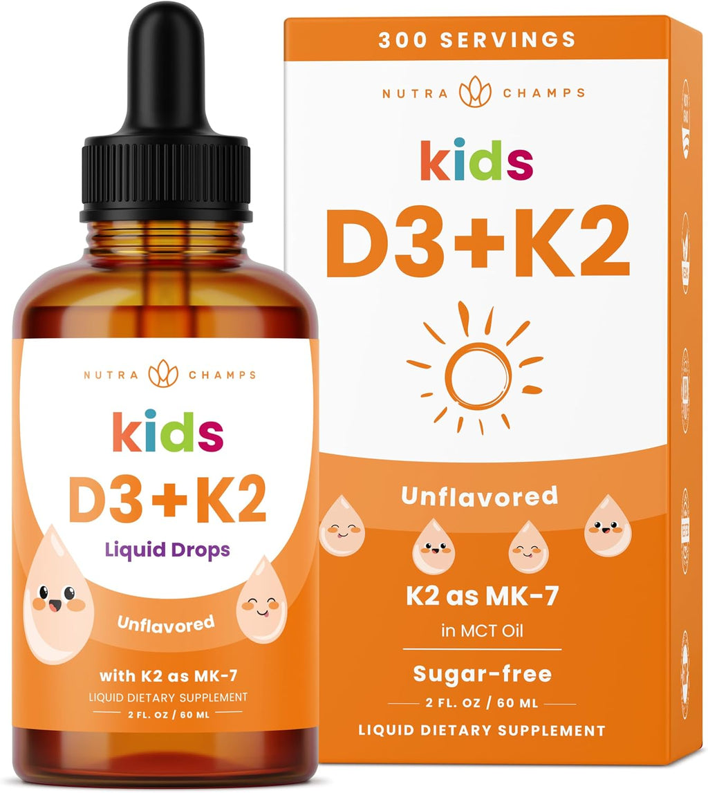 NutraChamps Kids Vitamin D3 K2 Drops - Gotas de Vitamina D3 y K2 MK-7 para Niños, 1000 UI, 300 Servicios