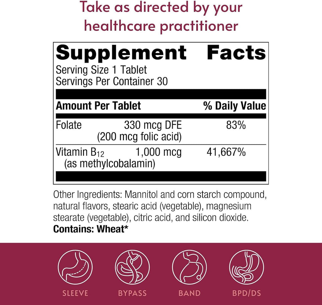 Bariatric Advantage B-12 Speedy Melts, Suplemento de Vitamina B12 1000 mcg, Disolución Rápida con 200 mcg de Ácido Fólico - Cereza Negra, 30 unidades