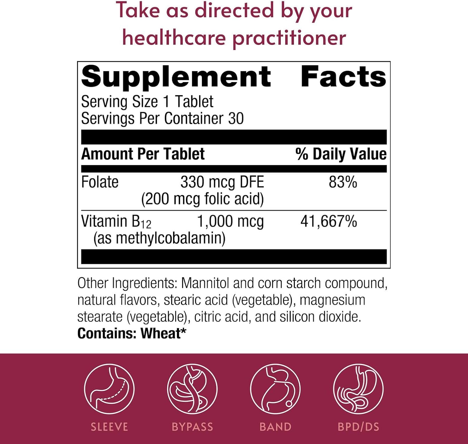 Bariatric Advantage B-12 Speedy Melts, Suplemento de Vitamina B12 1000 mcg, Disolución Rápida con 200 mcg de Ácido Fólico - Cereza Negra, 30 unidades