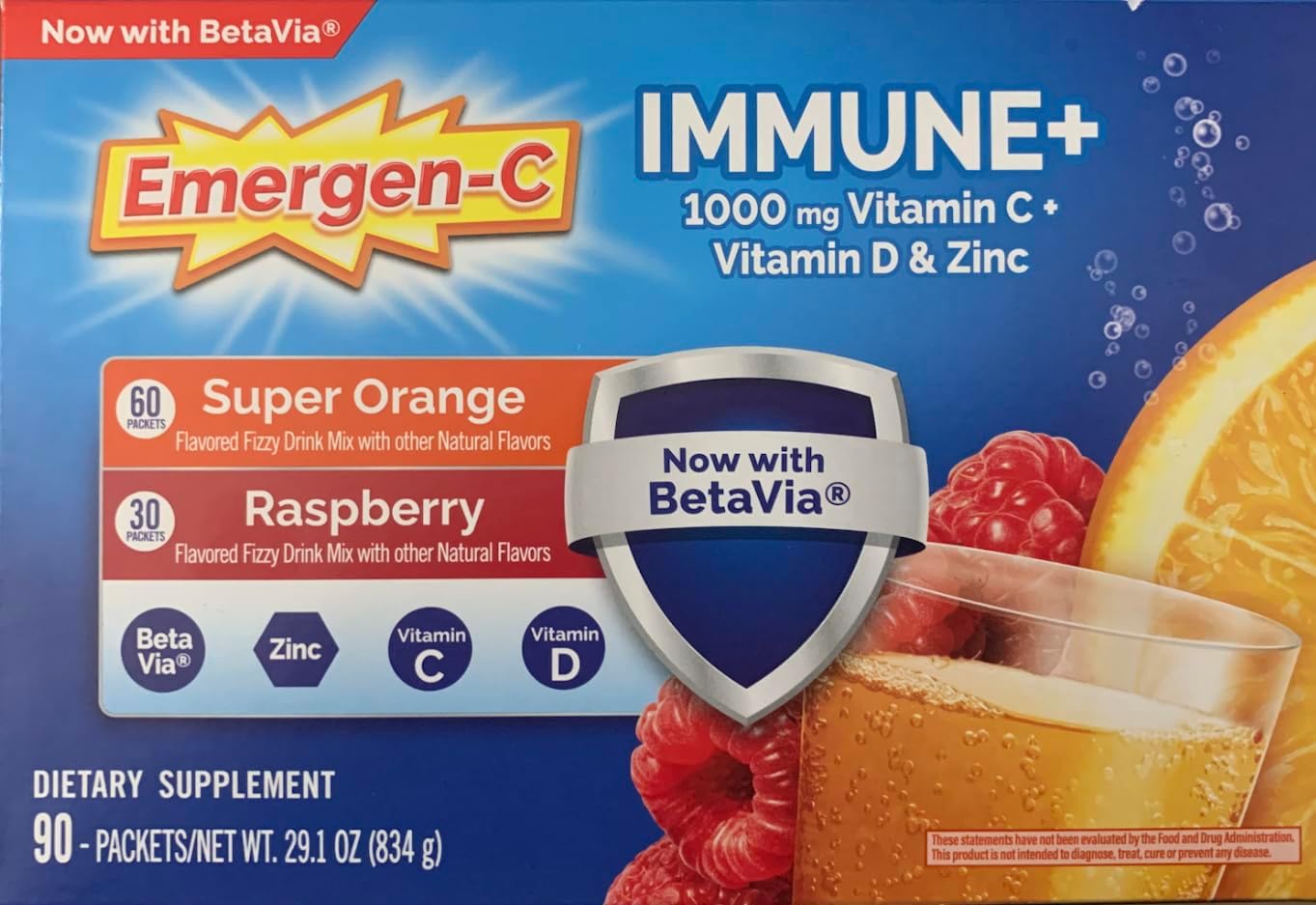 Emergen-C Immune+ 1000 mg Vitamina C + Vitamina D + Zinc, Super Orange (60) y Raspberry (30) – 90 Sobres
