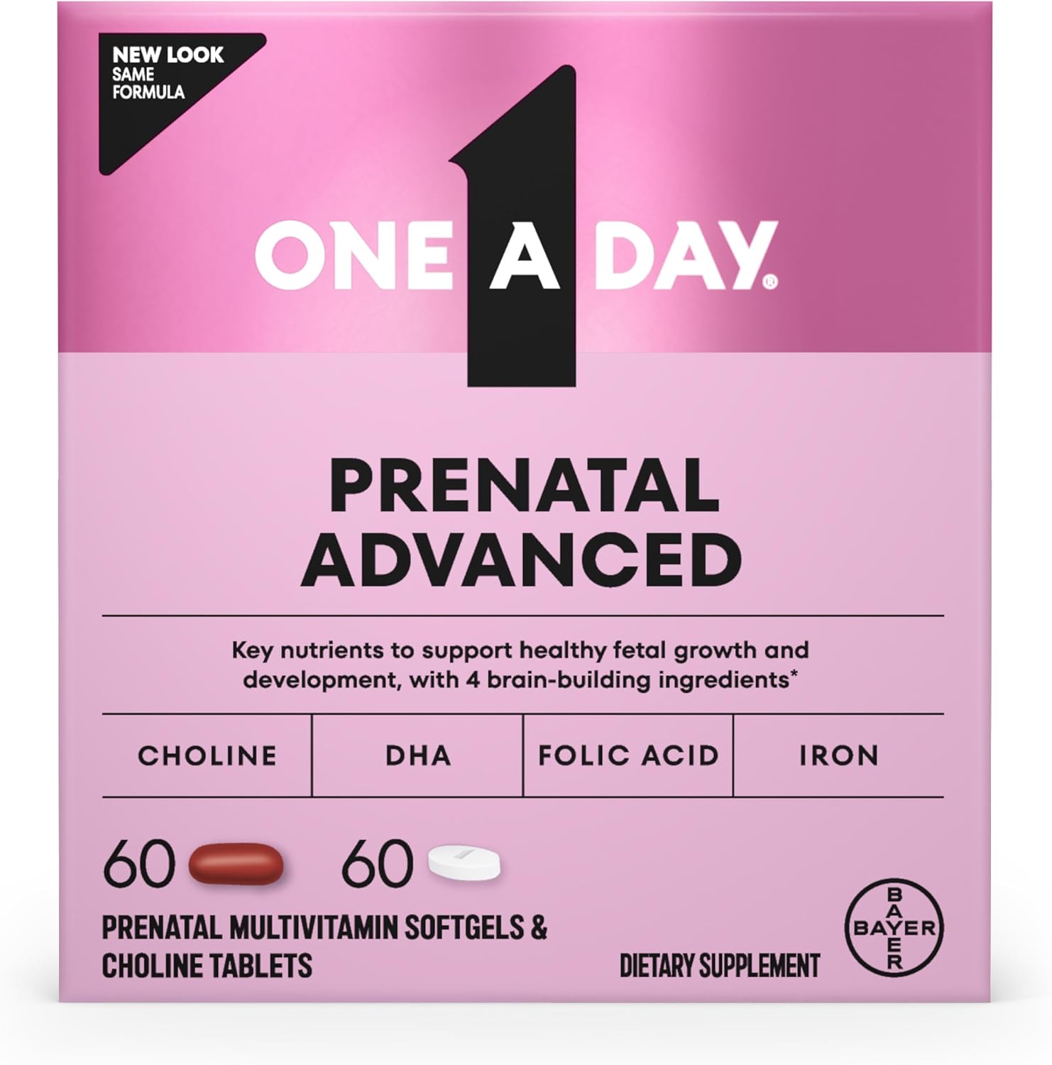 One A Day Prenatal Advanced - Vitaminas Prenatales con Ácido Fólico, Colina, DHA y Hierro, 60 unidades (30 comprimidos + 30 cápsulas blandas)