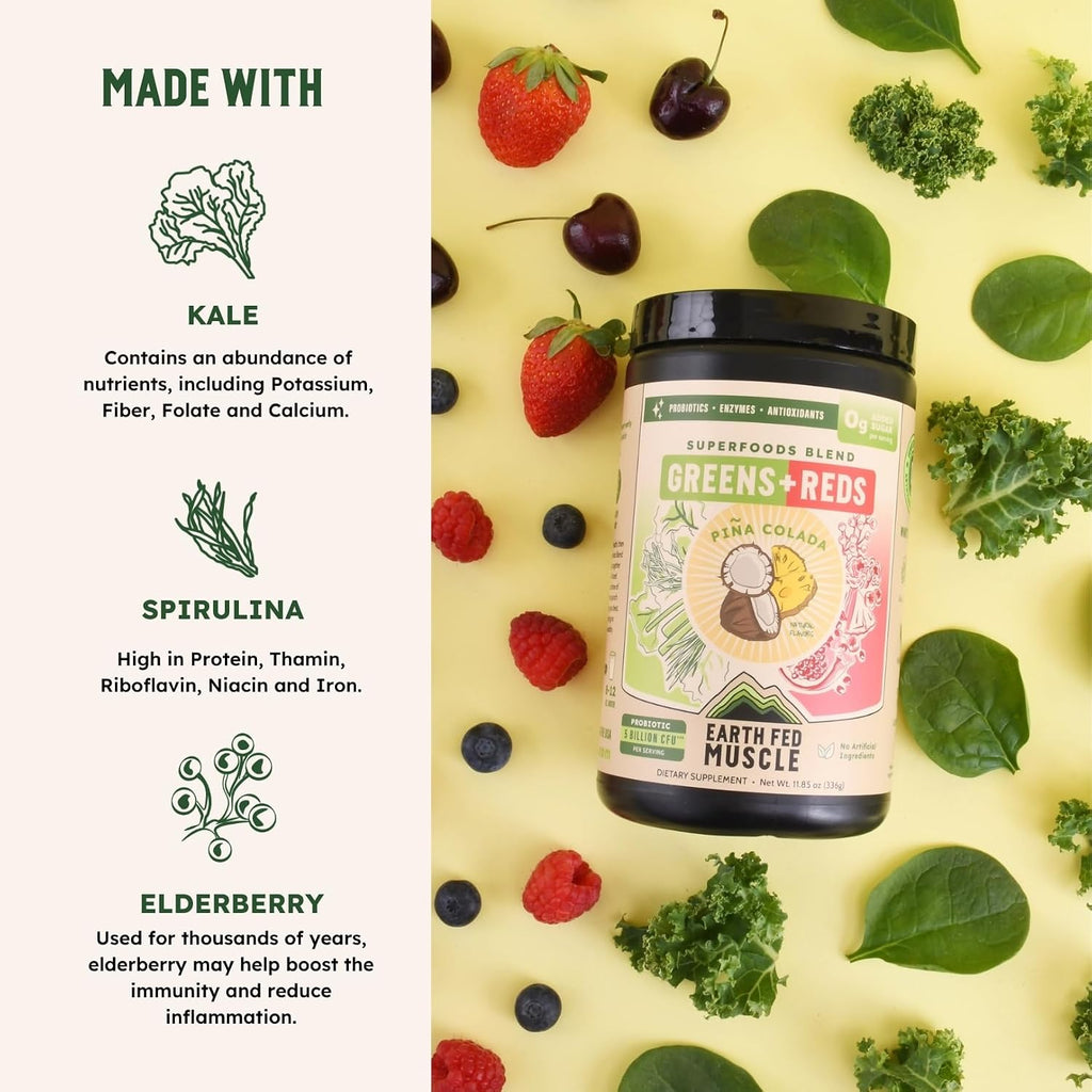 Earth Fed Muscle Greens and Reds Superfoods Blend, Piña Colada – 30 Servicios