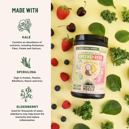 Earth Fed Muscle Greens and Reds Superfoods – Vitaminas y minerales: vitamina A (167% VD), vitamina C (333% VD), – Image 3