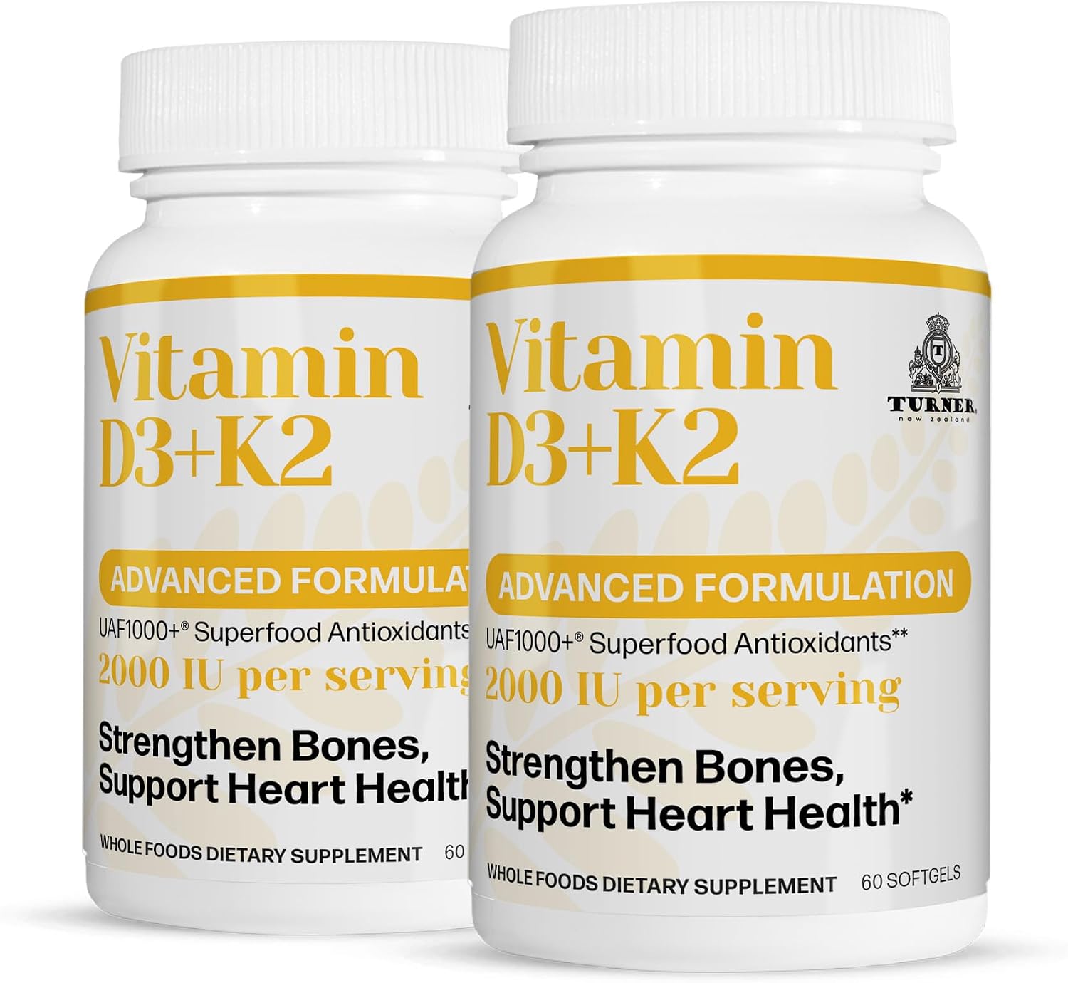 TURNER Vitamina D3 y K2 Cápsulas, Alta Potencia D3 2000 UI y K2 (MK7) 80 mcg, 120 Cápsulas (2 Meses)