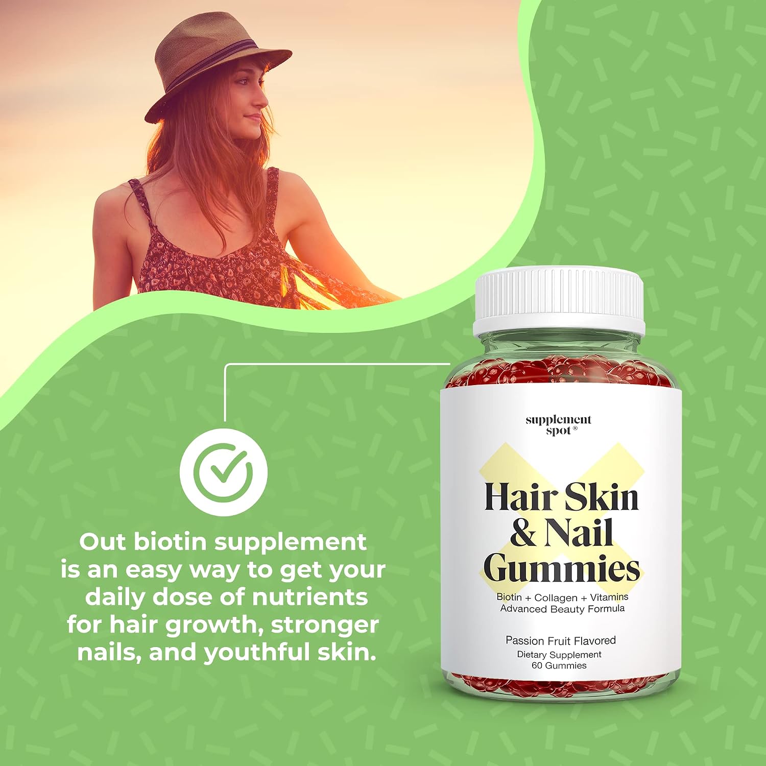 Gominolas de Biotina 6000 mcg con Colágeno para Cabello, Piel y Uñas - Sabor Maracuyá (60 Unidades)