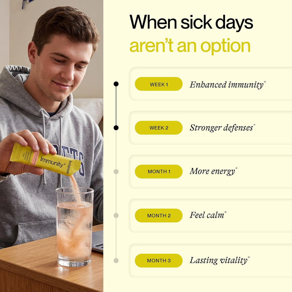 Feel Goods Immunity+ - Mezcla de apoyo inmunológico con vitamina C, hierbas orgánicas y adaptógenos - 15 sobres sabor Limonada de Melocotón