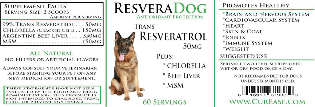 Resveradog: Dog 99% Tran Resveratrol Powder with Argintine Beef Liver, MSM & Chlorella