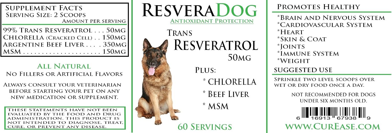 Resveradog: Dog 99% Tran Resveratrol Powder with Argintine Beef Liver, MSM & Chlorella