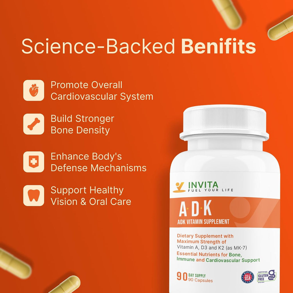 Invita, Suplemento ADK Vitaminas A, D3 5000 UI y K2 MK-7 - 90 Cápsulas