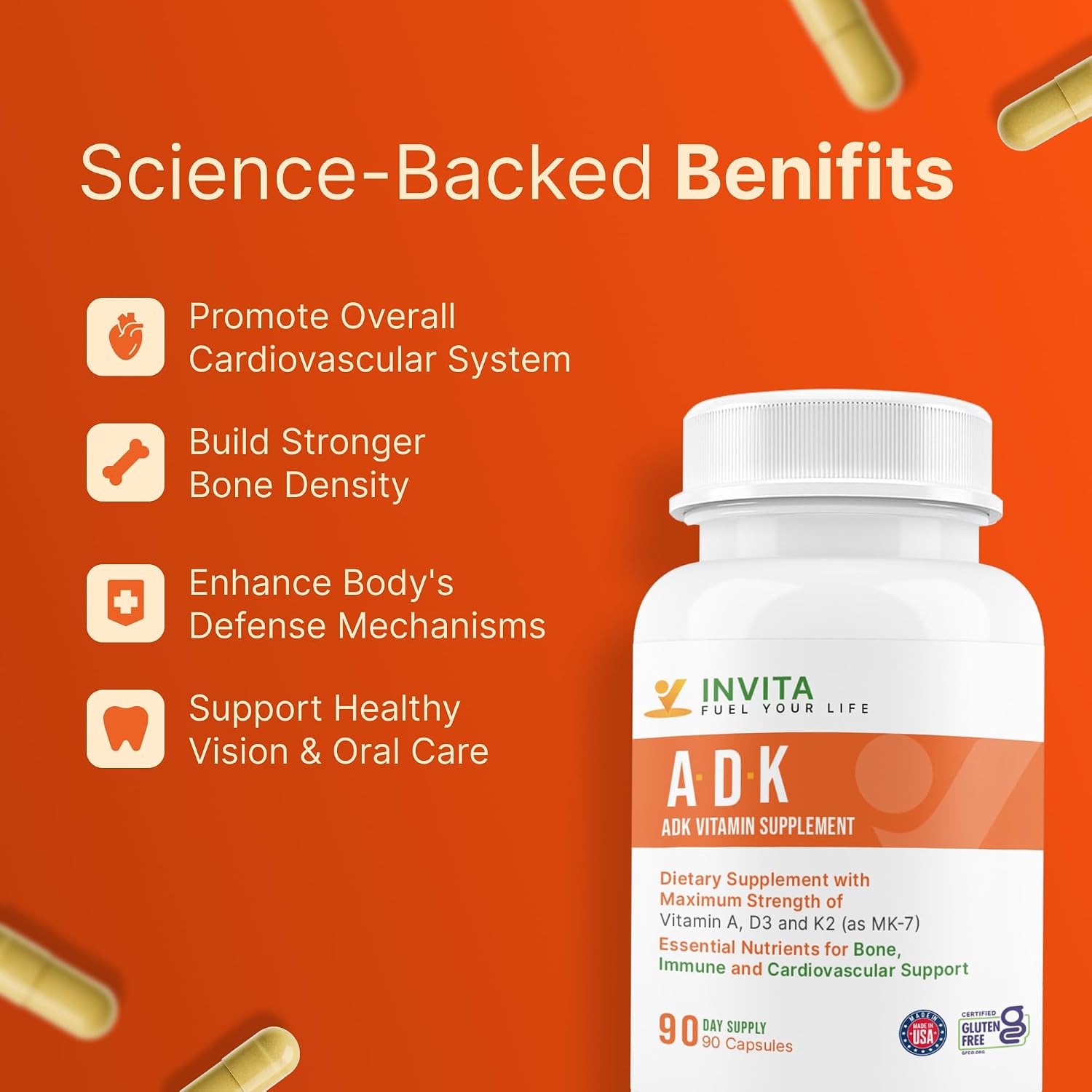 Invita, Suplemento ADK Vitaminas A, D3 5000 UI y K2 MK-7 - 90 Cápsulas