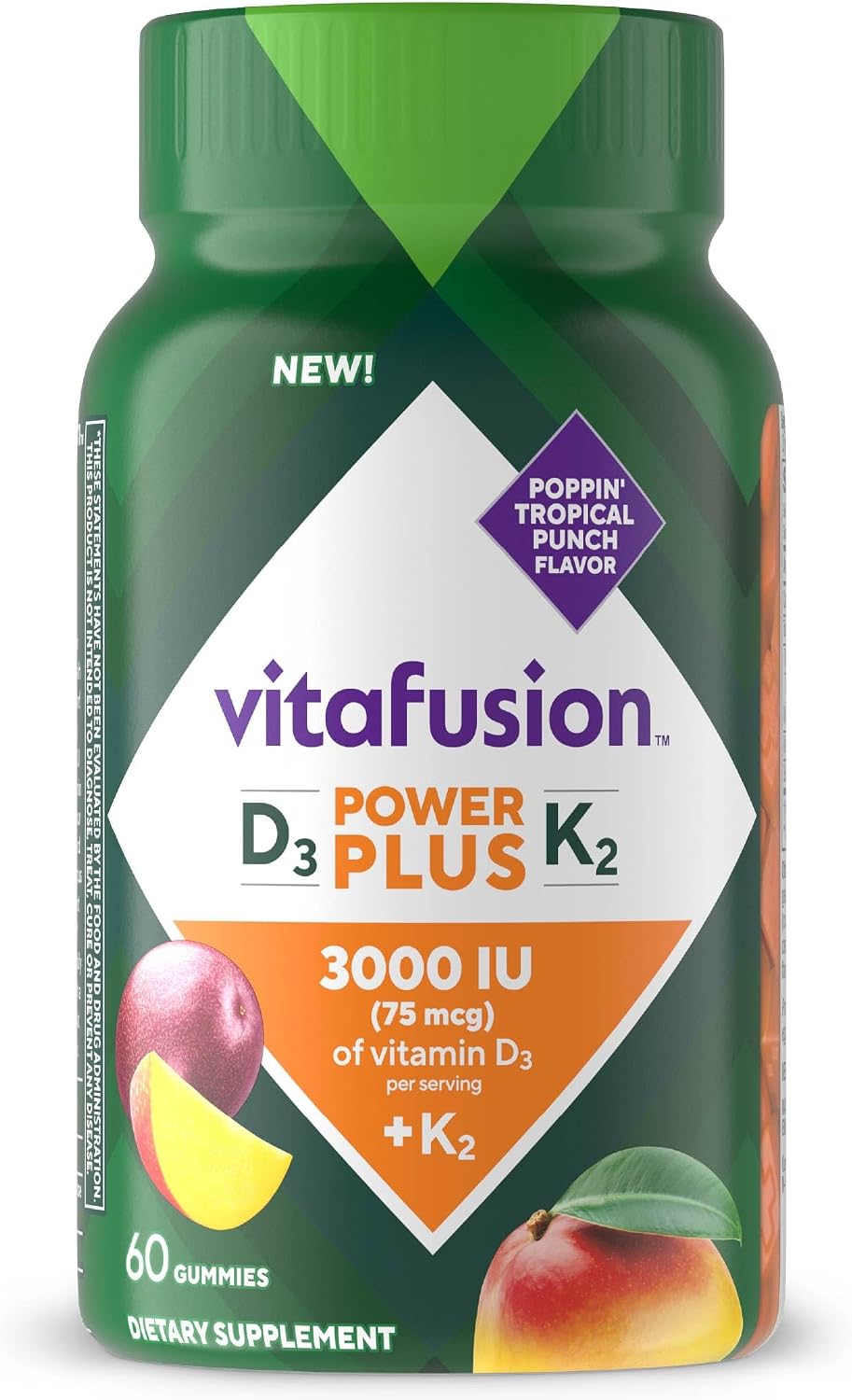 Vitafusion Power Plus Vitamina D3 K2 Gomitas, 3000 UI, 60 Unidades, Sabor Tropical Punch