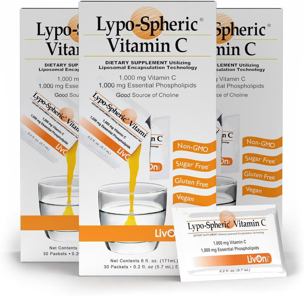 LivOn Laboratories Lypo-Spheric Vitamina C – 3 Cartones (90 Sobres) – 1000 mg de Vitamina C y 1000 mg de Fosfolípidos Esenciales por Sobre – Encapsulación Liposomal para una Mayor Absorción – 100% No Transgénico