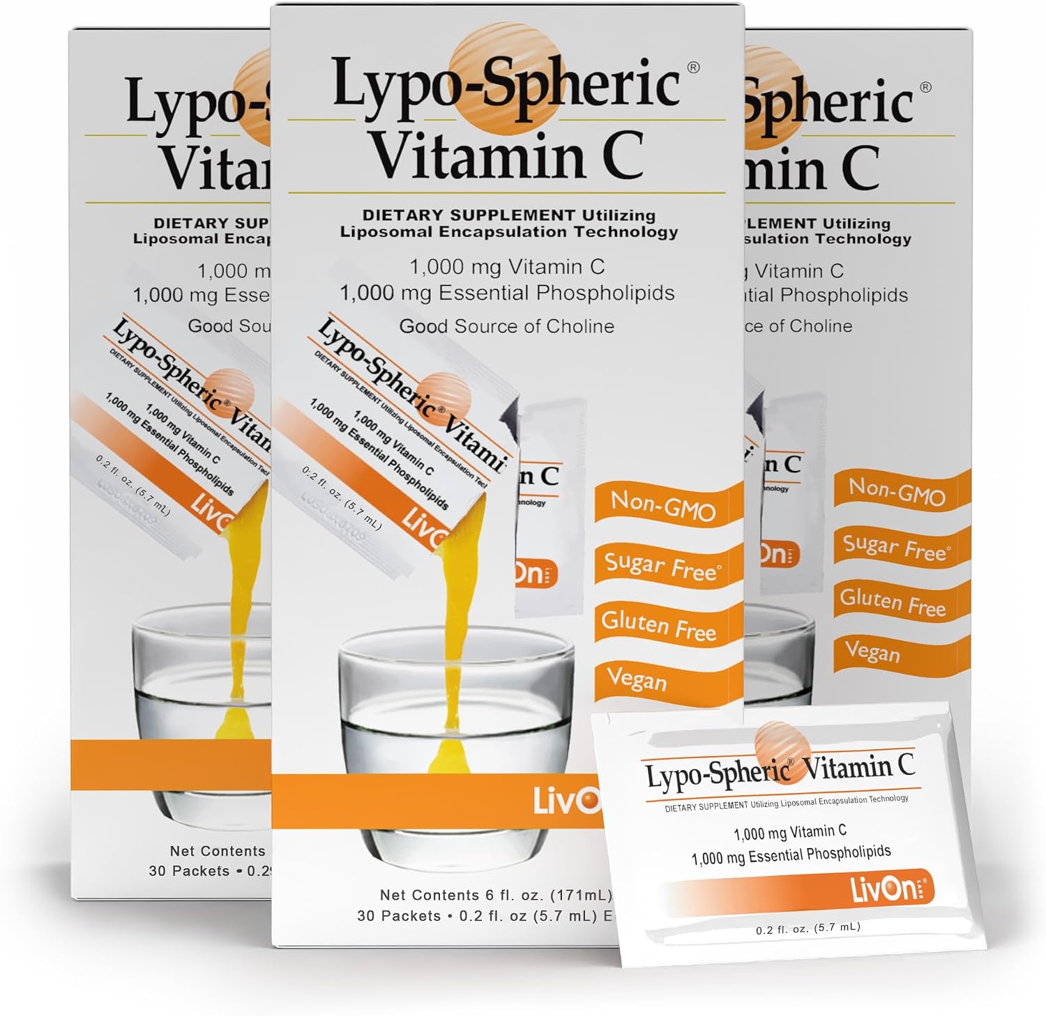 LivOn Laboratories Lypo-Spheric Vitamina C – 3 Cartones (90 Sobres) – 1000 mg de Vitamina C y 1000 mg de Fosfolípidos Esenciales por Sobre – Encapsulación Liposomal para una Mayor Absorción – 100% No Transgénico
