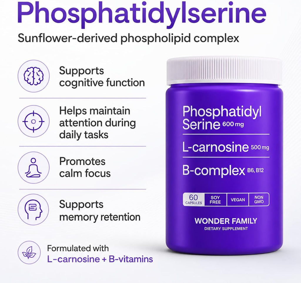 WONDER FAMILY Fosfatidilserina 600 mg con L-Carnosina 500 mg + B6, B12 y Ácido Fólico - Complejo de PS de Lecitina de Girasol sin Soja - 60 Cápsulas
