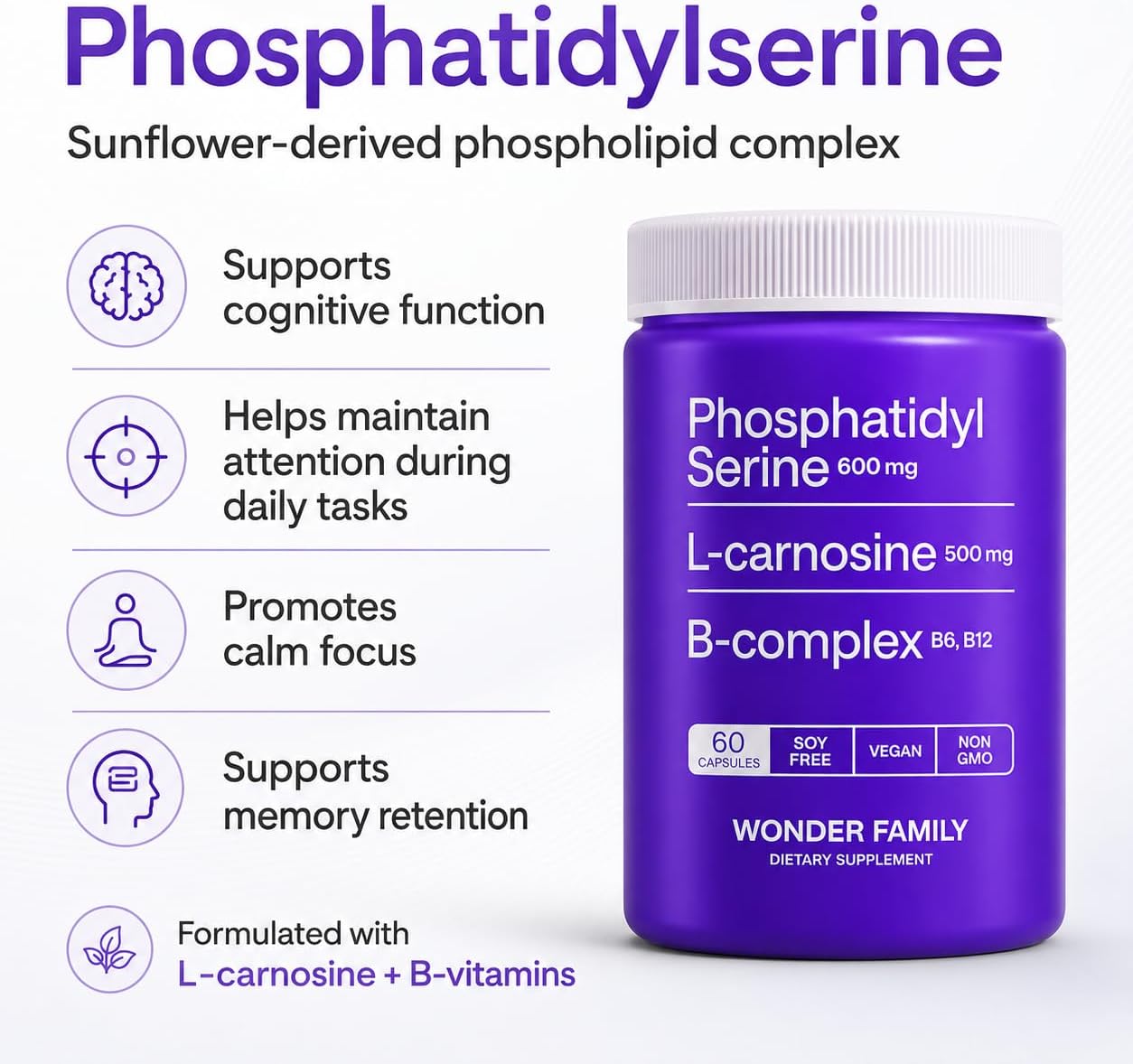 WONDER FAMILY Fosfatidilserina 600 mg con L-Carnosina 500 mg + B6, B12 y Ácido Fólico - Complejo de PS de Lecitina de Girasol sin Soja - 60 Cápsulas