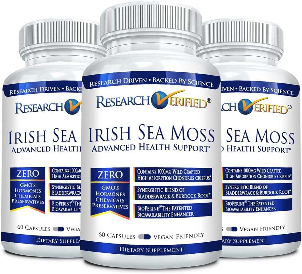 Research Verified Irish Sea Moss - Bladderwrack, Burdock, BioPerine - 180 Cápsulas - Vegano