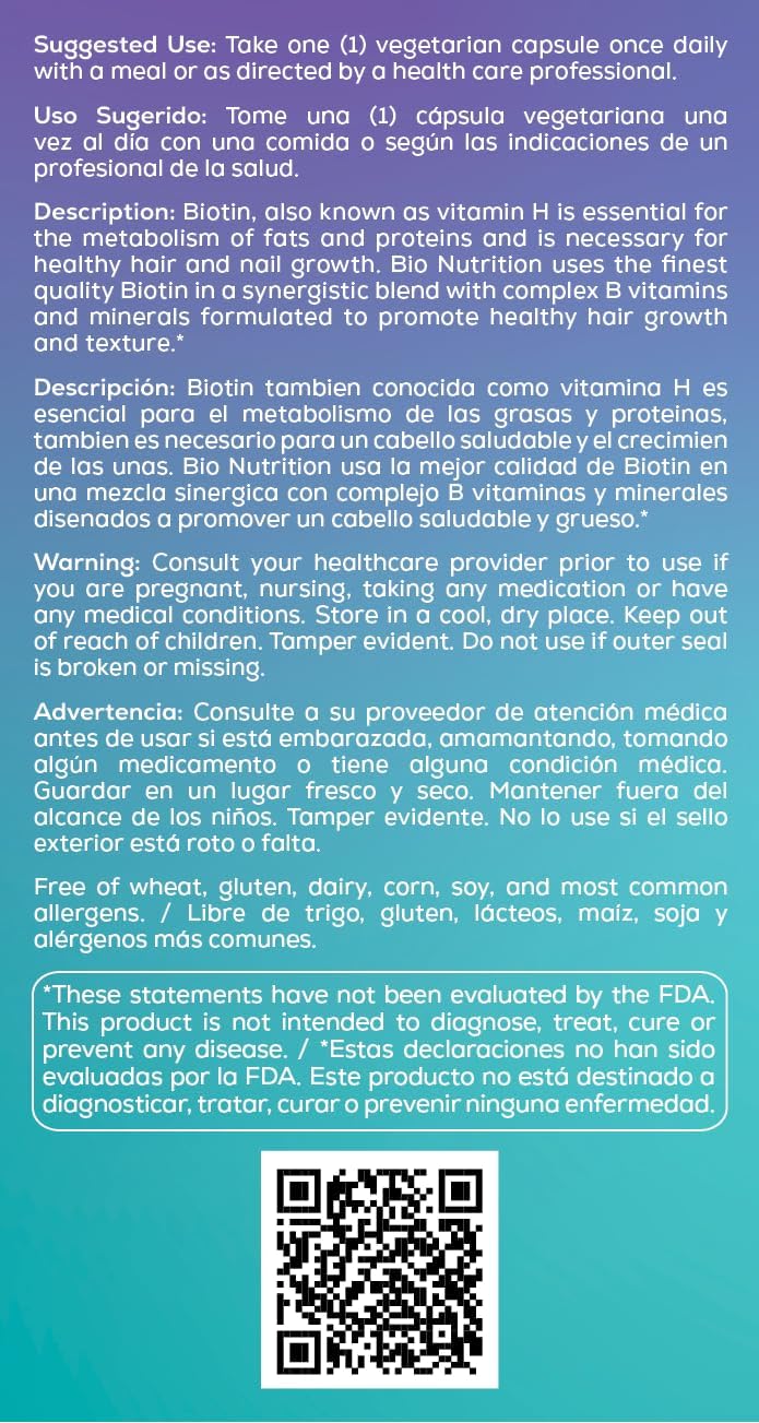Bio Nutrition Healthy Hair Biotin Vegi-Caps, 60 Cápsulas