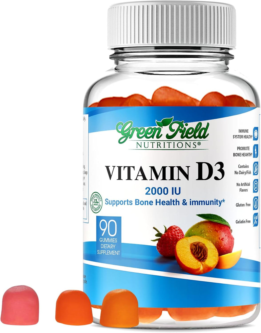 Greenfield Nutritions Gominolas de Vitamina D3 Halal - 2000 IU (50 mcg), 90 Gominolas Vegetarianas