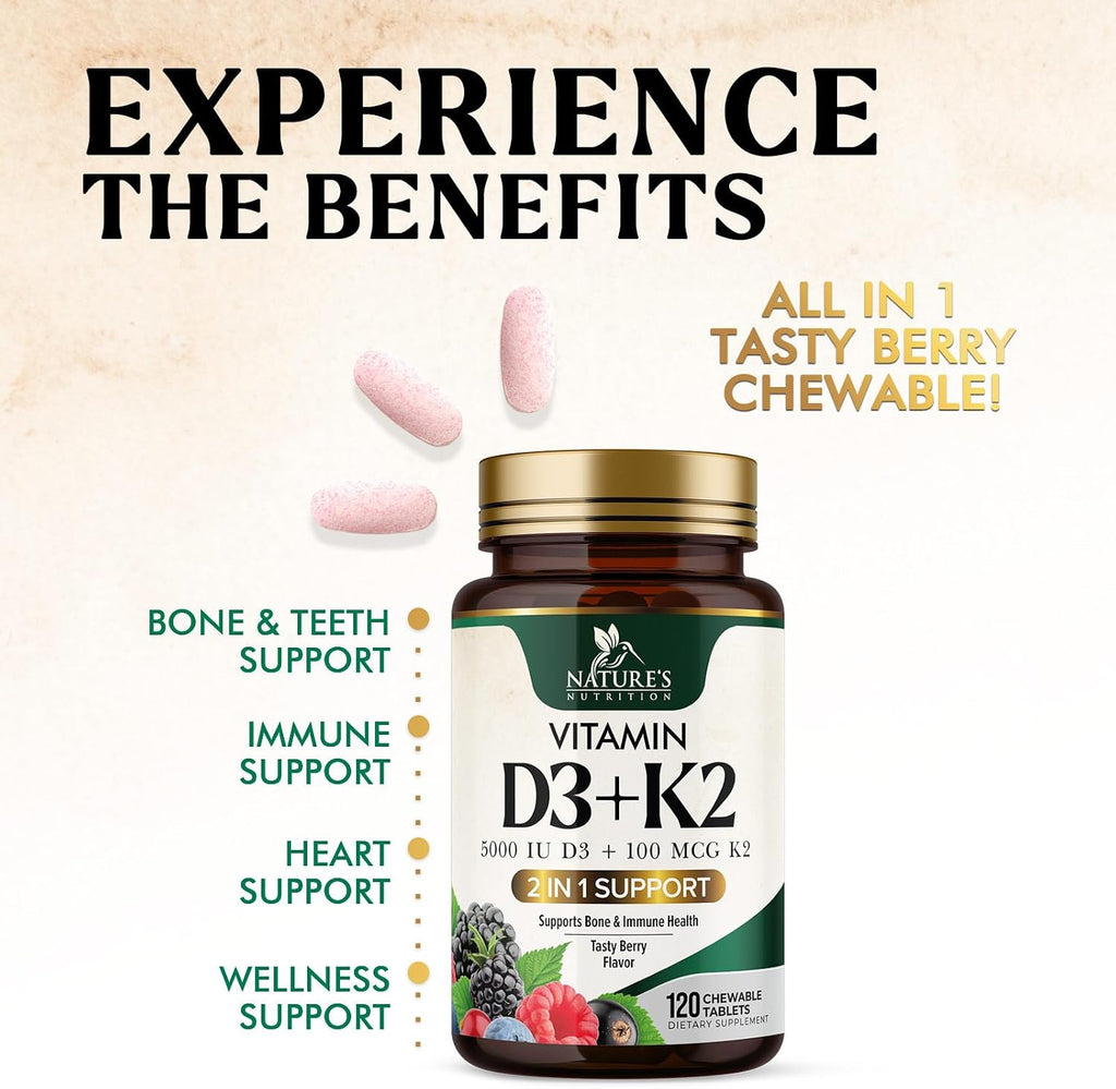 Nature's Nutrition Vitamina D3 K2 5000 UI + 100 mcg K2 MK-7, 120 Comprimidos Masticables Sabor Baya