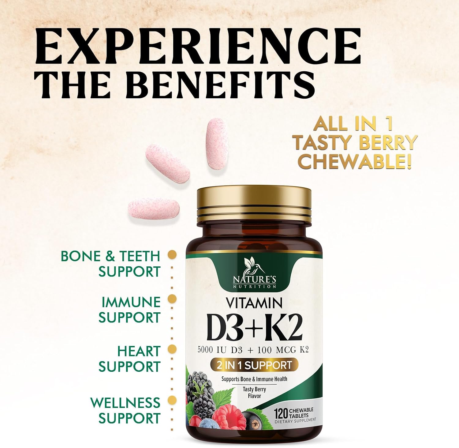 Nature's Nutrition Vitamina D3 K2 5000 UI + 100 mcg K2 MK-7, 120 Comprimidos Masticables Sabor Baya
