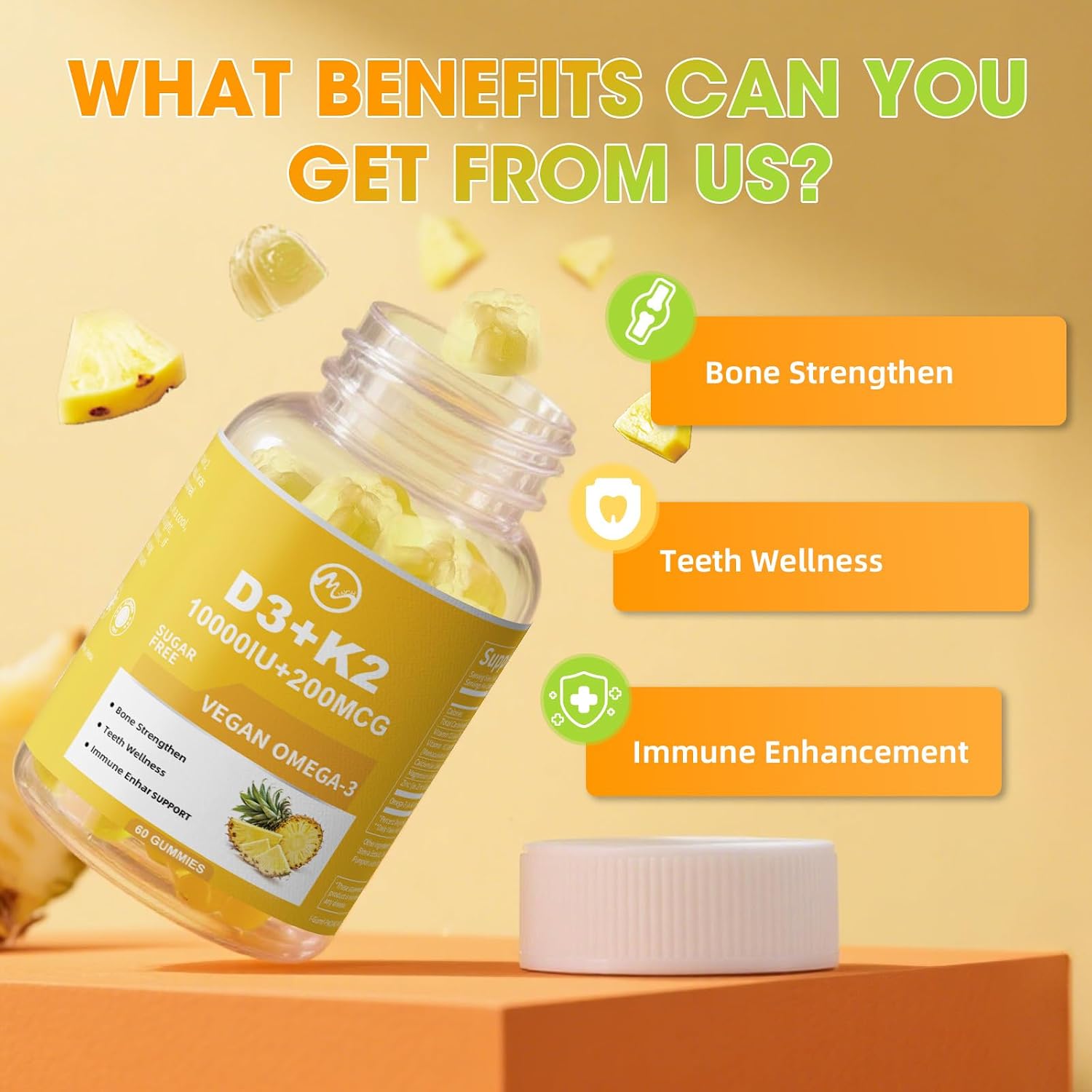 M inch Vitamin D3 K2 Gummies, Vitamina D3 10000IU, K2 (MK-7) 200mcg, Complemento 6 en 1 con Omega-3, Sin Azúcar, Pack de 2