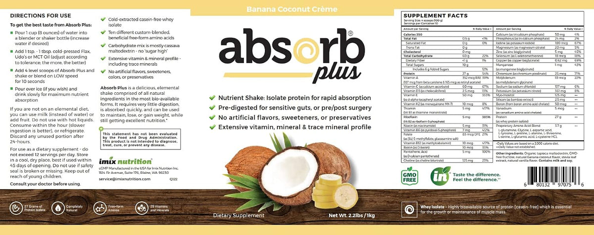 Absorb Plus Isolate Protein – Complemento Alimenticio con Proteína de Suero, Sabor Plátano y Coco (1 kg) – Image 4
