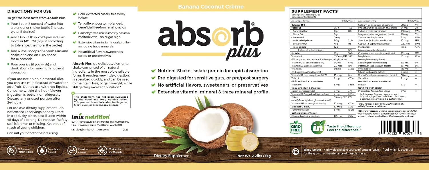 Absorb Plus Isolate Protein – Complemento Alimenticio con Proteína de Suero, Sabor Plátano y Coco (1 kg)