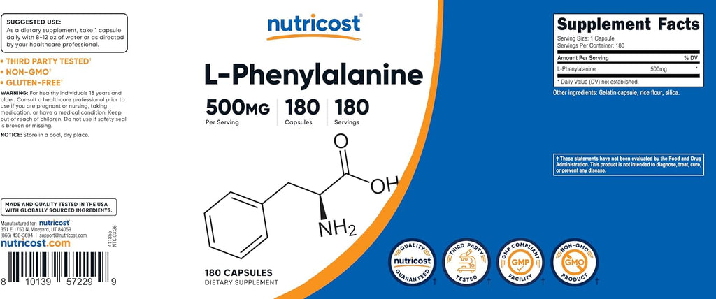 Nutricost L-Fenilalanina 500mg, 180 Cápsulas