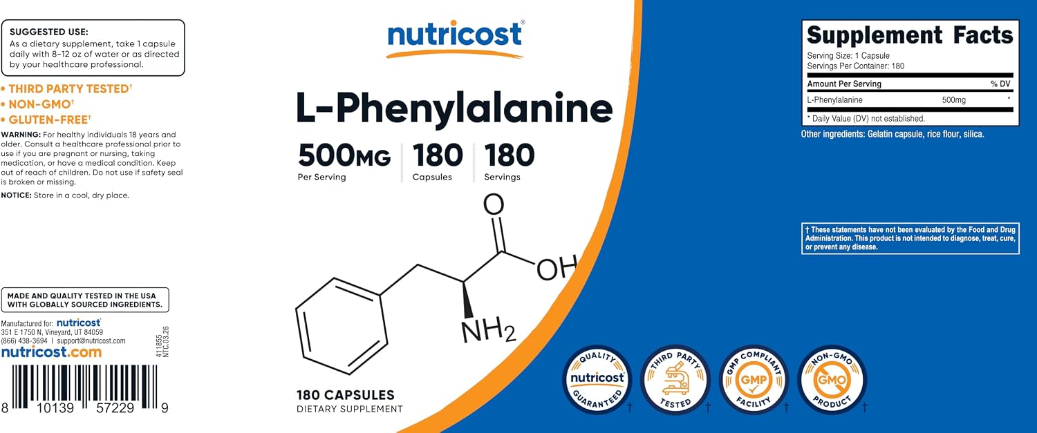 Nutricost L-Fenilalanina 500mg, 180 Cápsulas