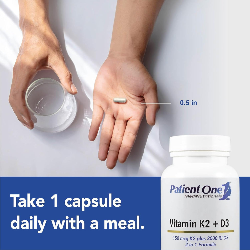 Patient One Vitamina K2 y D3 | 150 mcg K2 (MK-7) y 2000 UI D3 | 60 Cápsulas