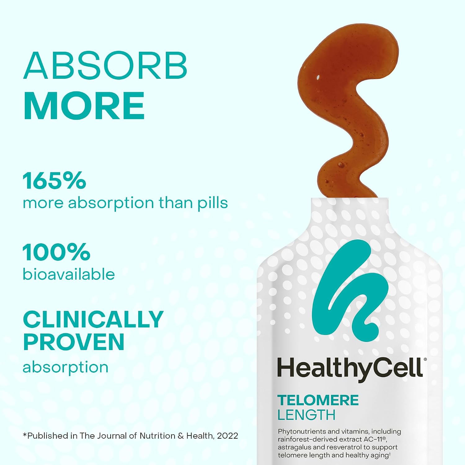 HealthyCell Telomere Length - Suplemento para la longitud de los telómeros con AC-11, Astragalus y Resveratrol - 30 sobres de gel, sabor uva