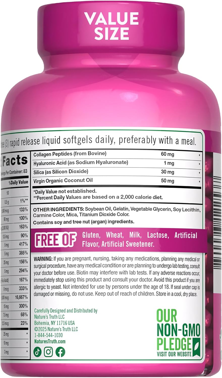 Nature's Truth Vitaminas para Cabello, Piel y Uñas | 5000mcg | 250 Cápsulas Blandas | Colágeno, Biotina y Aceite de Coco | Sin Gluten y No OGM