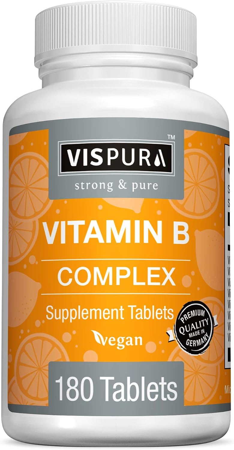 VISPURA Complejo B, 180 Comprimidos Veganos, Todas las Vitaminas B Incluyendo B12, B1, B2, B3, B5, B6, B7, B9, Ácido Fólico, para el Estrés, la Energía y un Sistema Inmunológico Saludable, Suplemento Natural Sin Aditivos