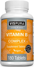 VISPURA Complejo B, 180 Comprimidos Veganos, Todas las Vitaminas B Incluyendo B12, B1, B2, B3, B5, B6, B7, B9, Ácido Fólico, para el Estrés, la Energía y un Sistema Inmunológico Saludable, Suplemento Natural Sin Aditivos