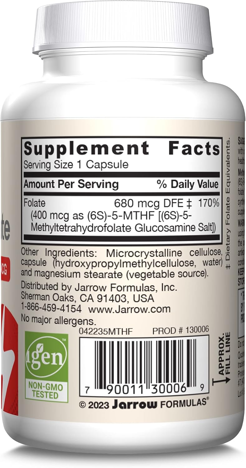 Jarrow Formulas Folato Metilado de Alta Potencia 400 mcg - Metilfolato Activo (5-MTHF), 60 Cápsulas Veganas