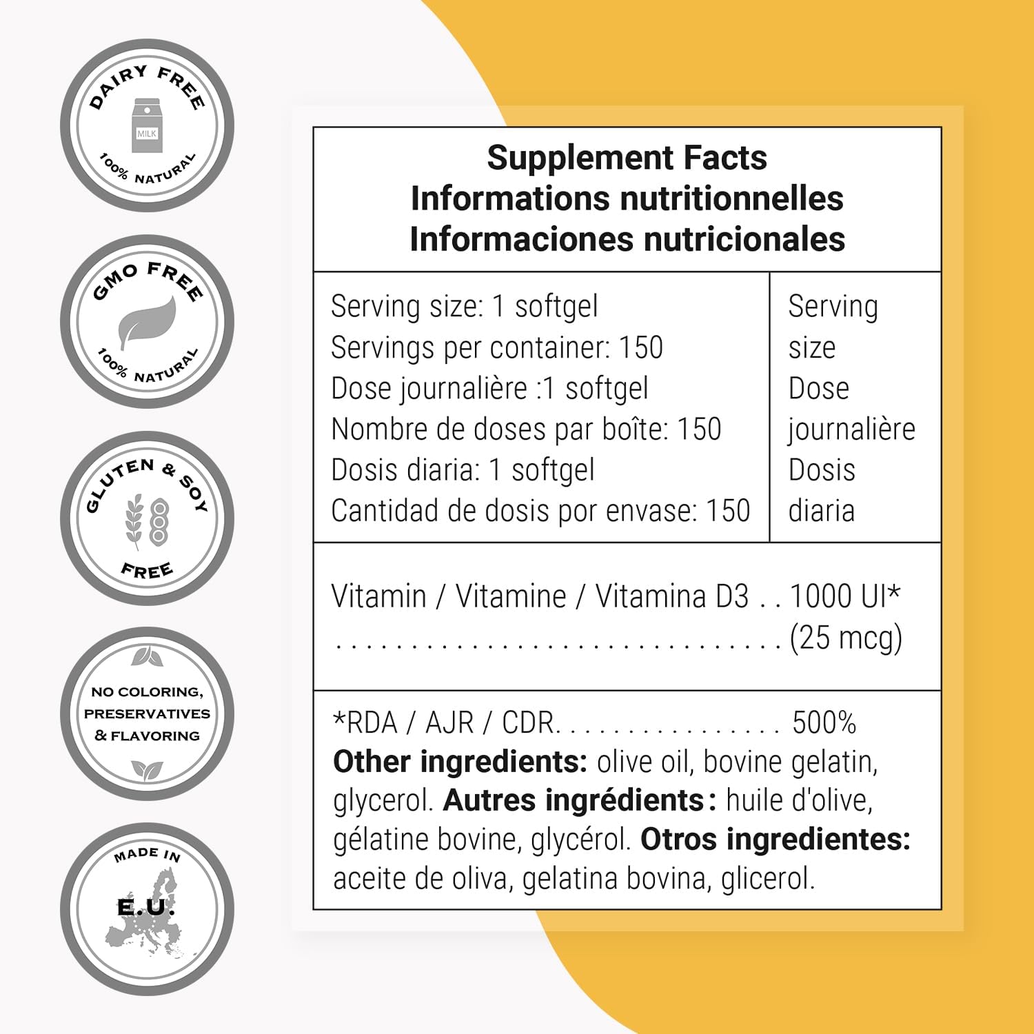 Supersmart Vitamina D3 1000 UI, 150 cápsulas blandas