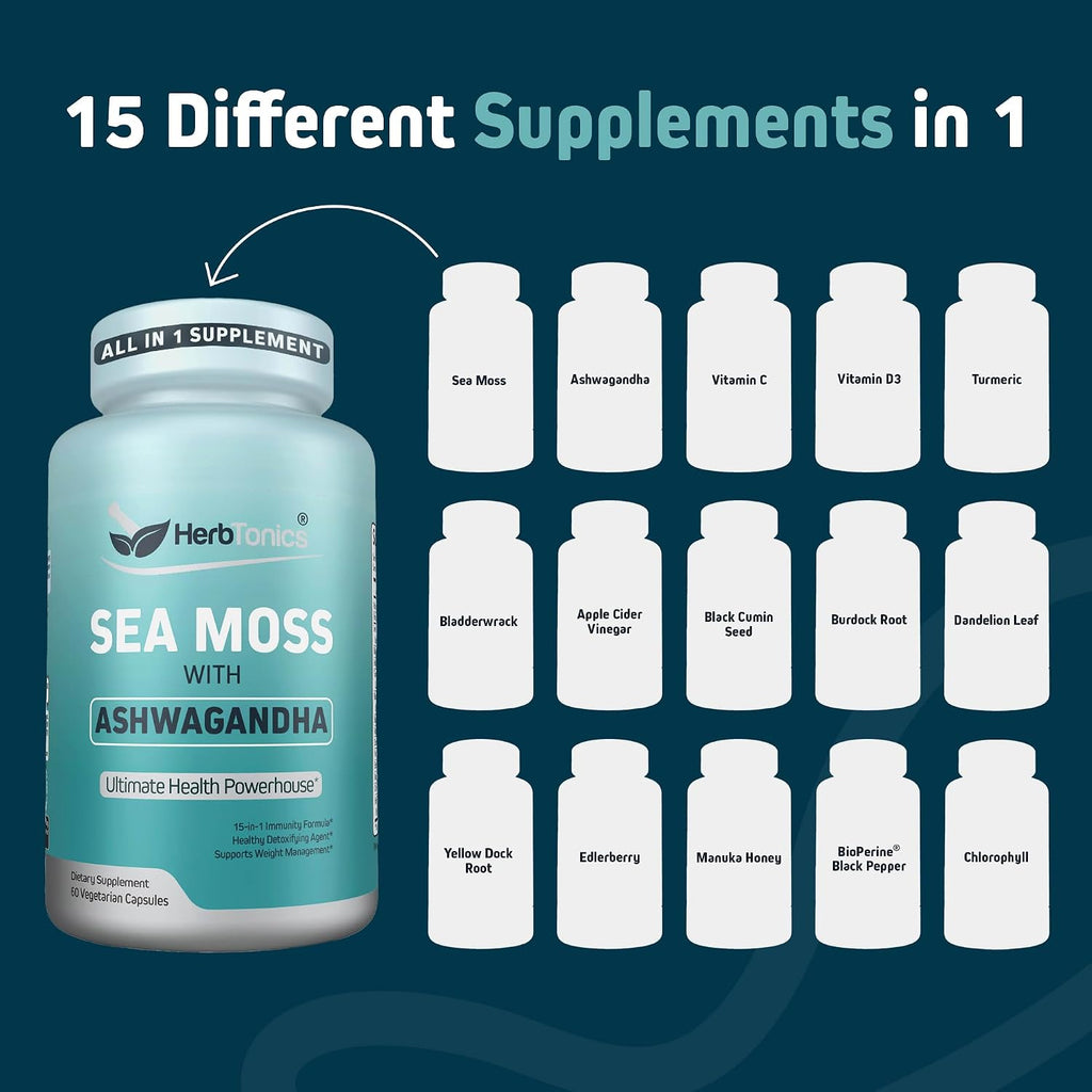 Herbtonics Sea Moss, Black Cumin Seed, Ashwagandha, Burdock Root & ACV Complex | Apoyo Inmunidad, Estrés y Digestión | 60 Cápsulas