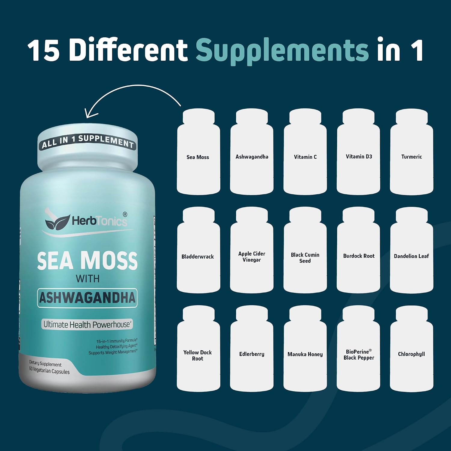 Herbtonics Sea Moss, Black Cumin Seed, Ashwagandha, Burdock Root & ACV Complex | Apoyo Inmunidad, Estrés y Digestión | 60 Cápsulas