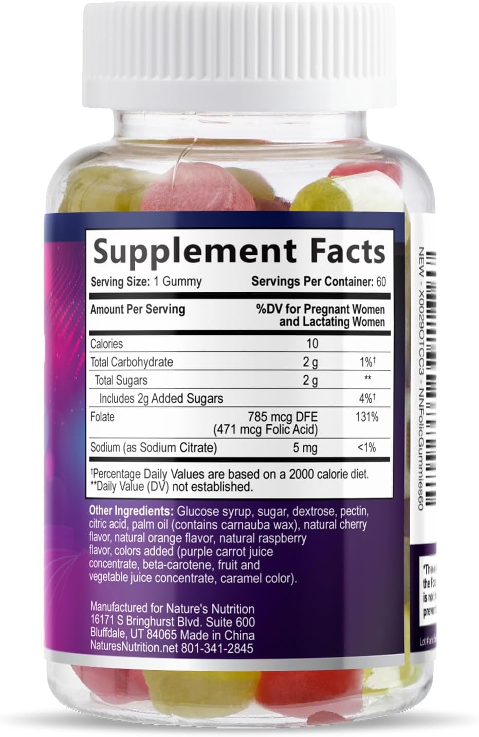 Gominolas de Ácido Fólico para Mujeres - Folato 785 mcg - Vitaminas Prenatales - 60 Gominolas