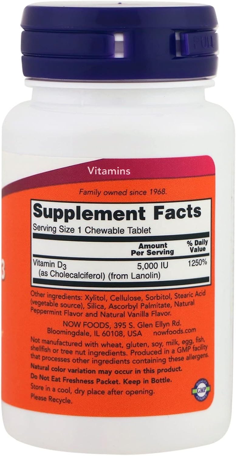 NOW Foods Vitamina D-3 5000 IU Masticable, 120 Comprimidos