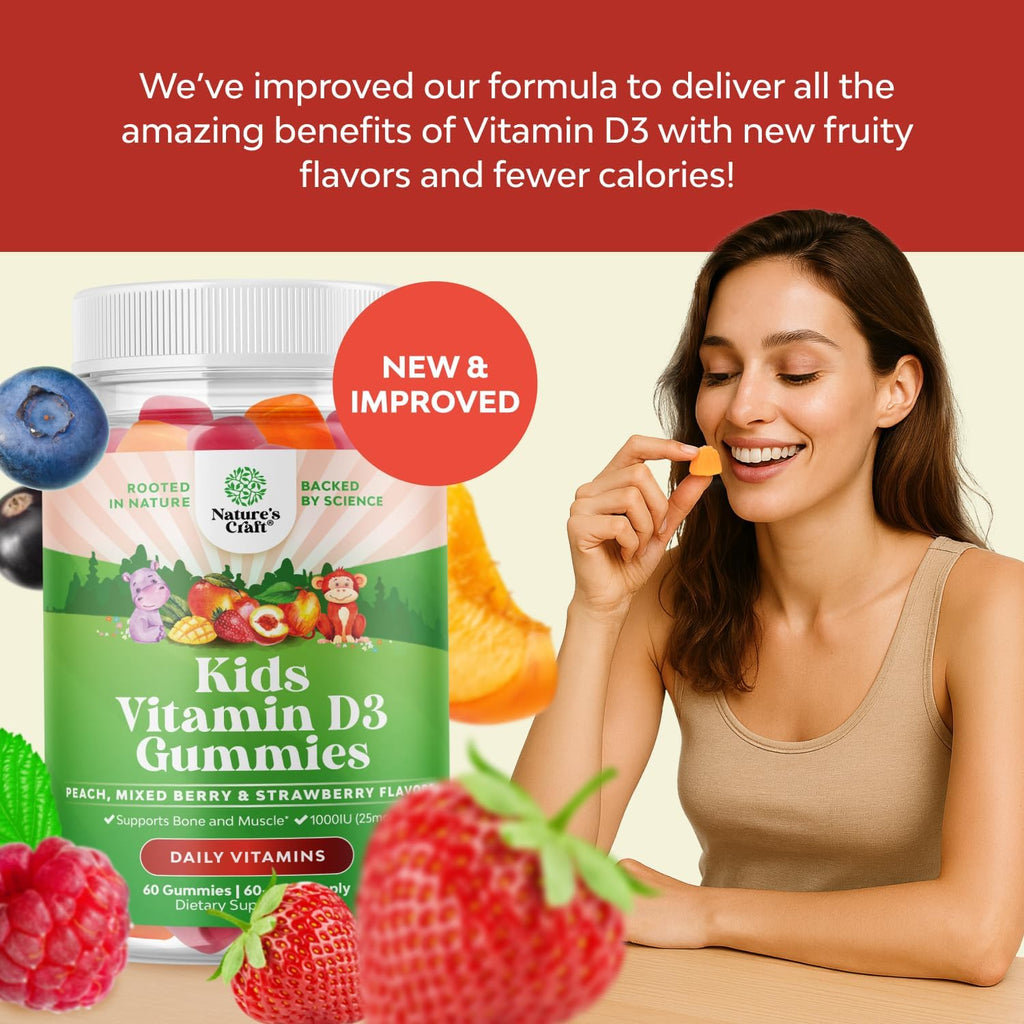 Gominolas de Vitamina D3 para Niños - 1000 UI por Ración - Sabores Frutales Sin Gelatina - 60 Unidades