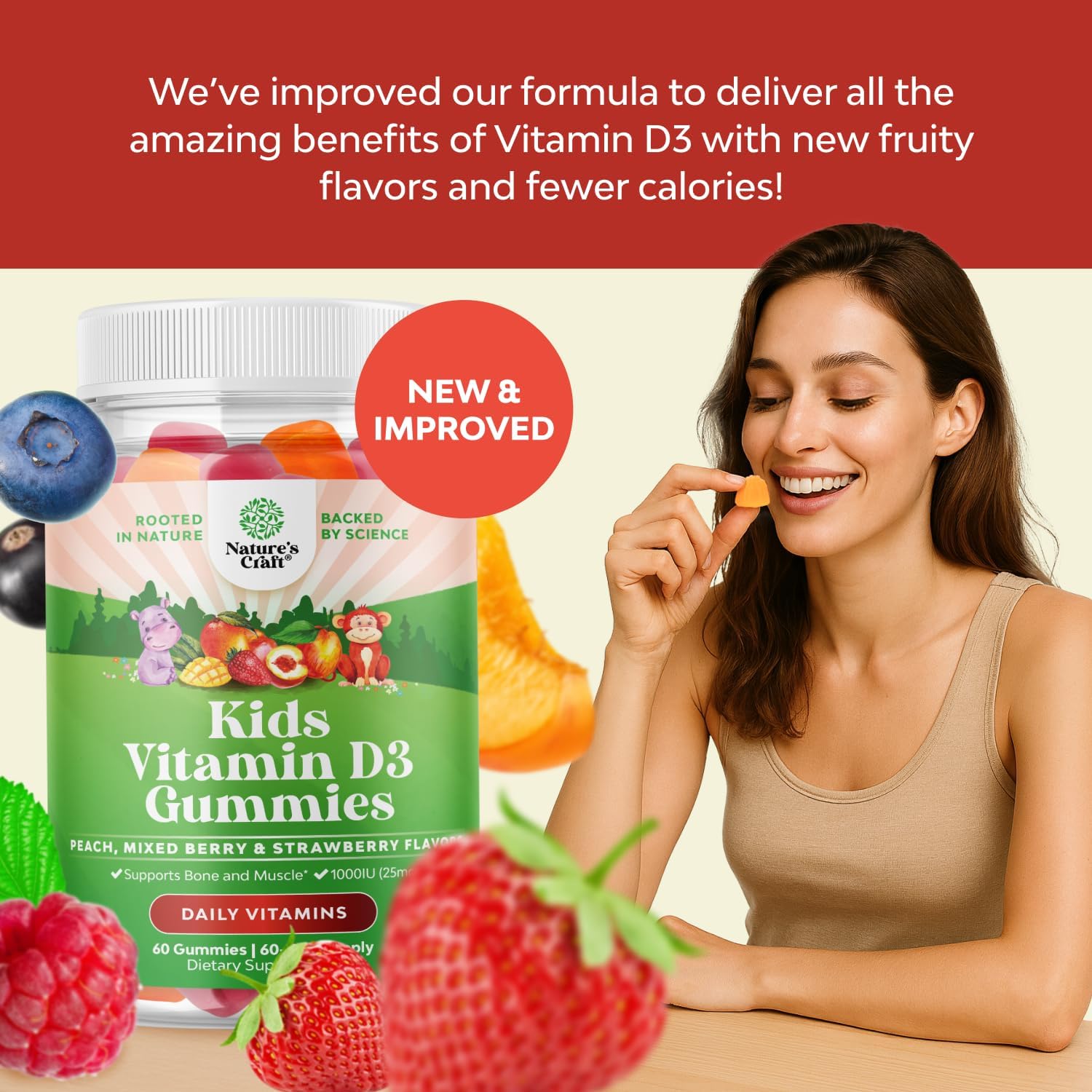 Gominolas de Vitamina D3 para Niños - 1000 UI por Ración - Sabores Frutales Sin Gelatina - 60 Unidades