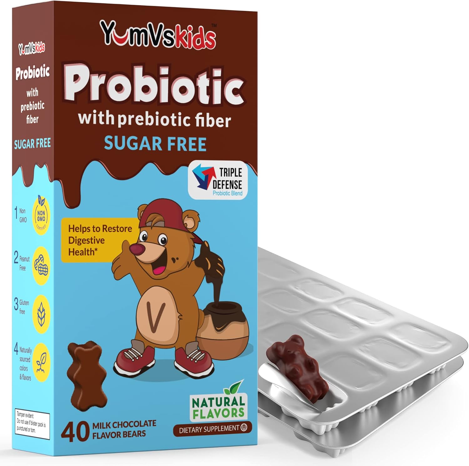 YUM-V'S Probióticos para Niños Ositos de Chocolate - Suplemento Probiótico con 1.000 Millones de UFC y Fibra Prebiótica - Sin Azúcar - 60+60 Unidades