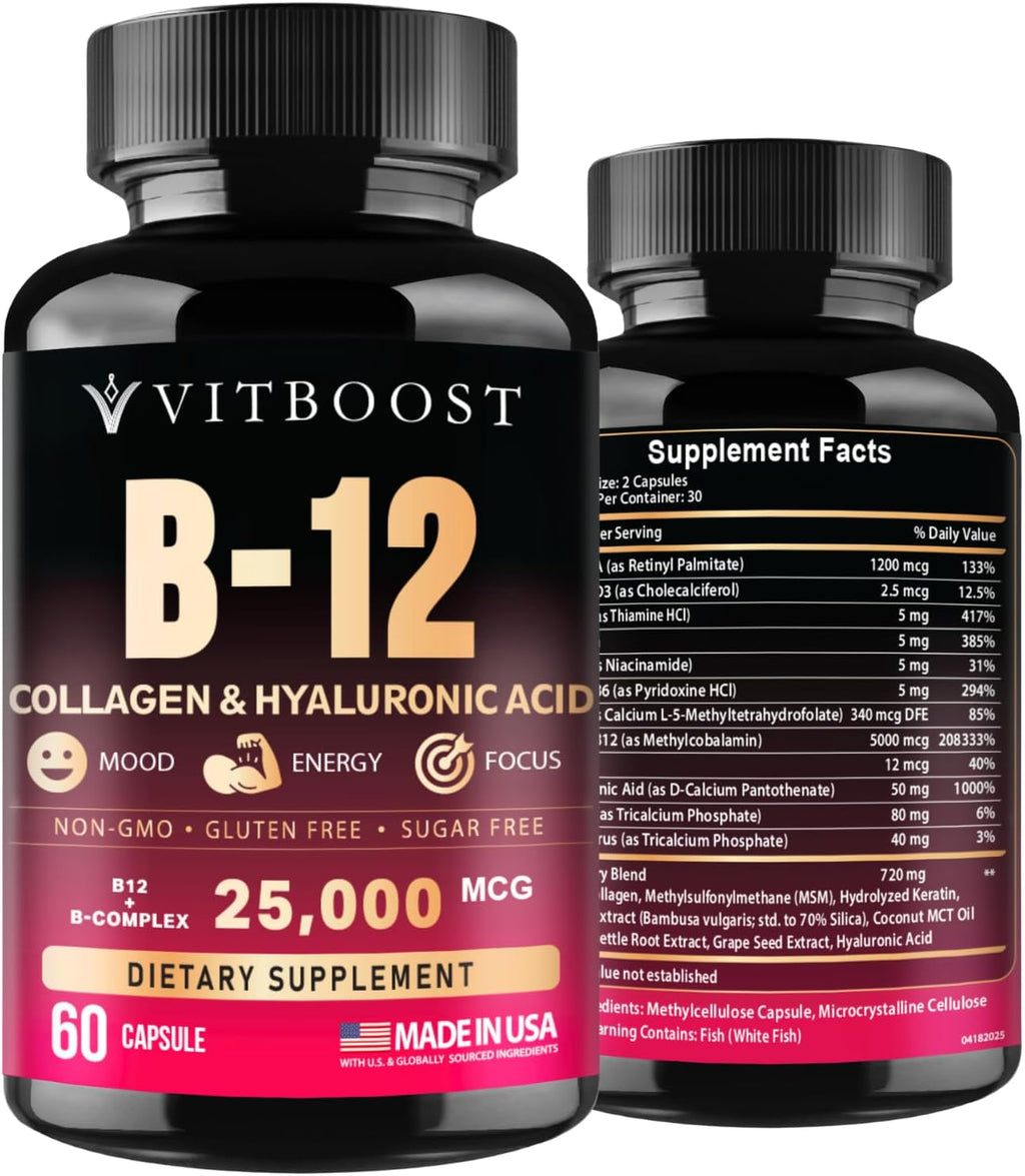 Complejo de Vitamina B12 con Ácido Hialurónico, Colágeno y Folato – 25000 mcg (5000 mcg Metilcobalamina) – 60 Cápsulas