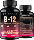 Complejo de Vitamina B12 con Ácido Hialurónico, Colágeno y Folato – 25000 mcg (5000 mcg Metilcobalamina) – 60 Cápsulas