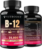 Complejo de Vitamina B12 con Ácido Hialurónico, Colágeno y Folato – 25000 mcg (5000 mcg Metilcobalamina) – 60 Cápsulas