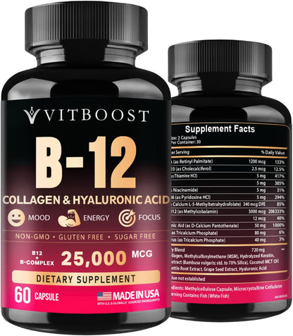Complejo de Vitamina B12 con Ácido Hialurónico, Colágeno y Folato – 25000 mcg (5000 mcg Metilcobalamina) – 60 Cápsulas – Image 1