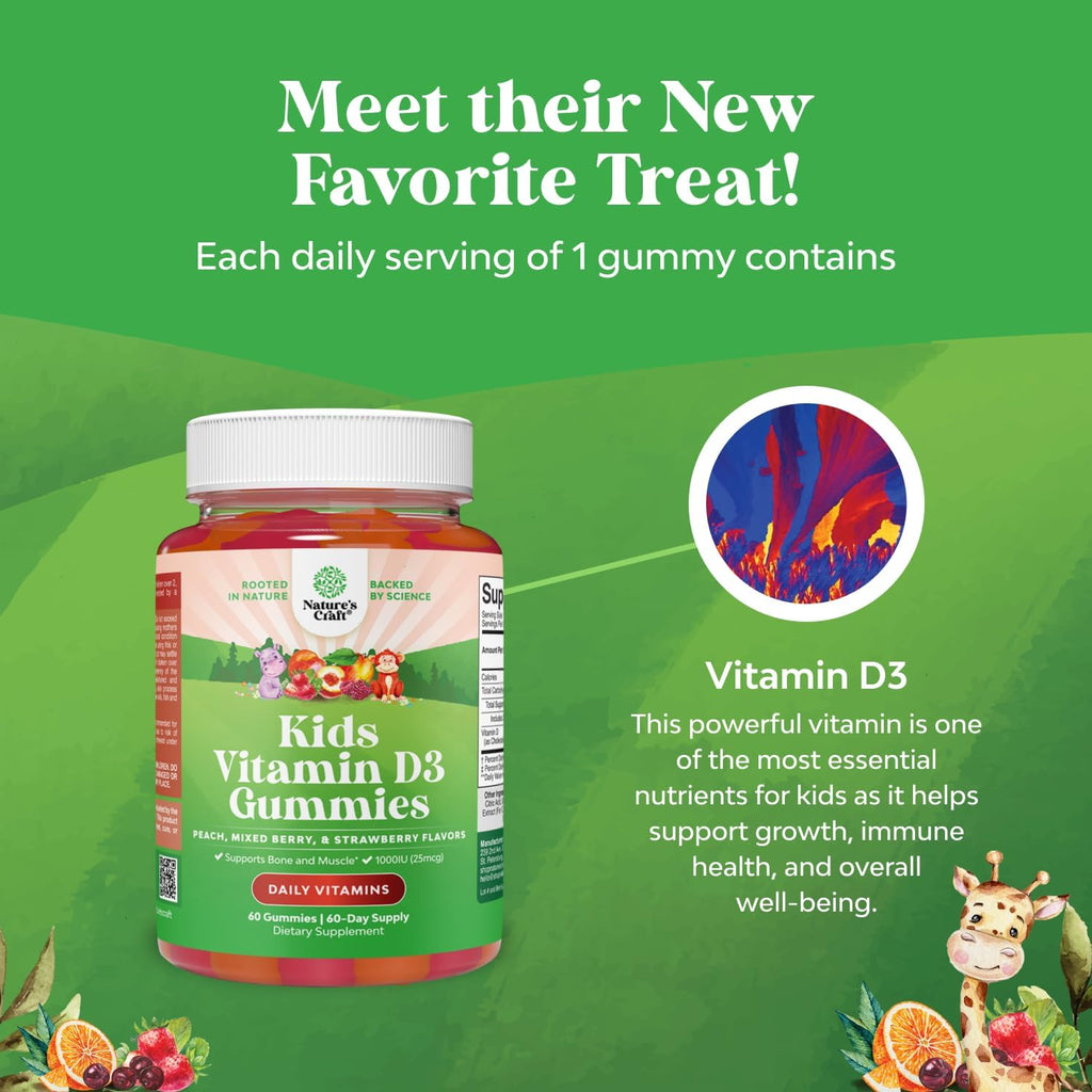 Gominolas de Vitamina D3 para Niños - 1000 UI por Ración - Sabores Frutales Sin Gelatina - 60 Unidades